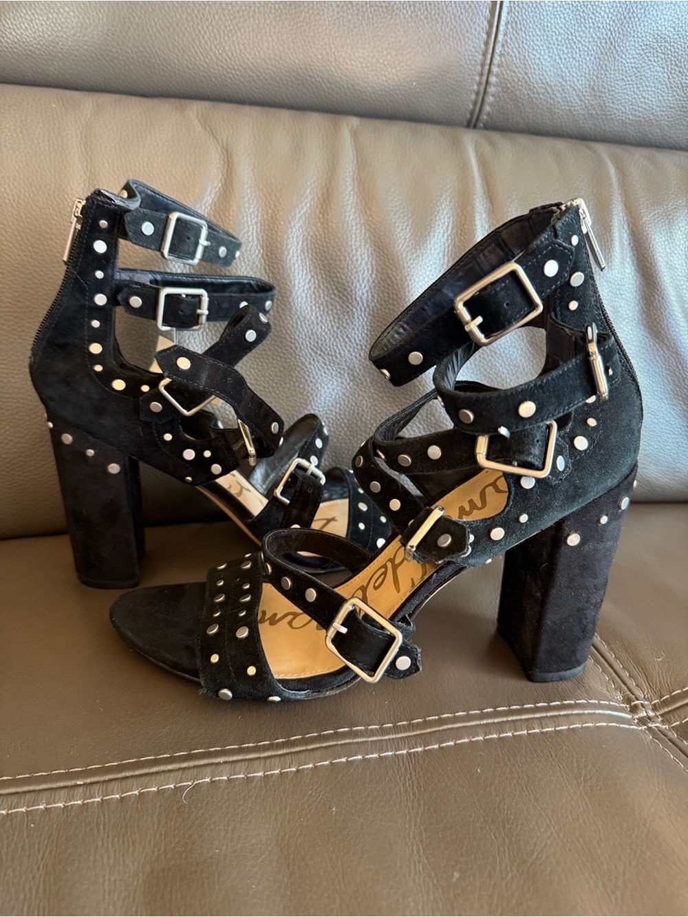 Sam Edelman Black Suede Studded Buckle Block Heels - Picture 12 of 16